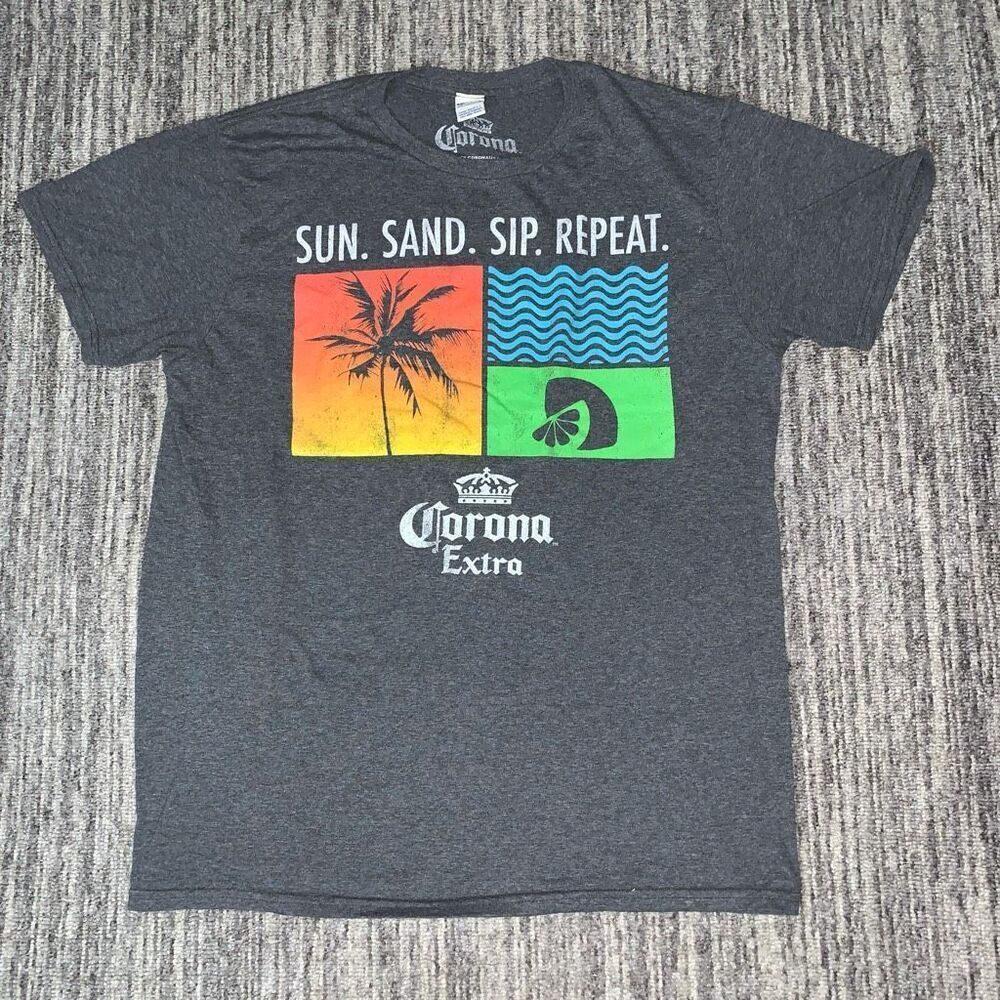 Vintage Corona Extra Mens Size Large‎ Sun Sand Sip Repeat Graphic T-Shirt Gray